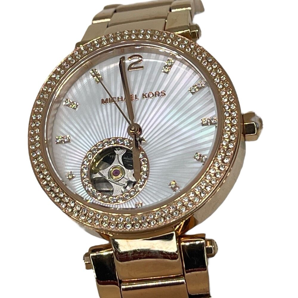 Michael Kors Parker Mother Of Pearl Watch Rose Gold Tone Stainless Steel Crystal